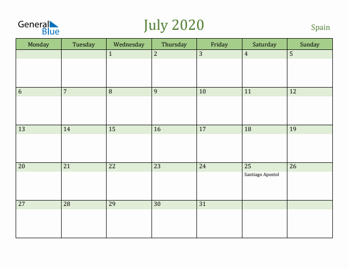July 2020 Calendar with Spain Holidays