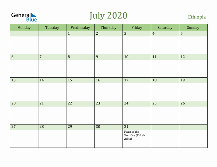 July 2020 Calendar with Ethiopia Holidays