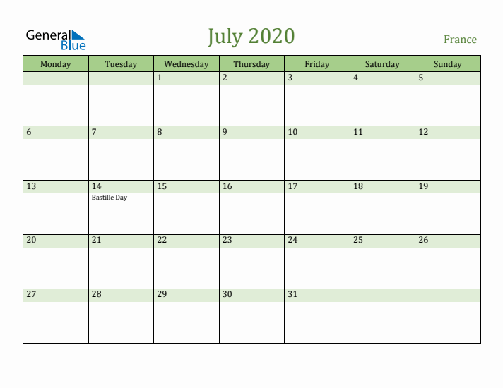 July 2020 Calendar with France Holidays