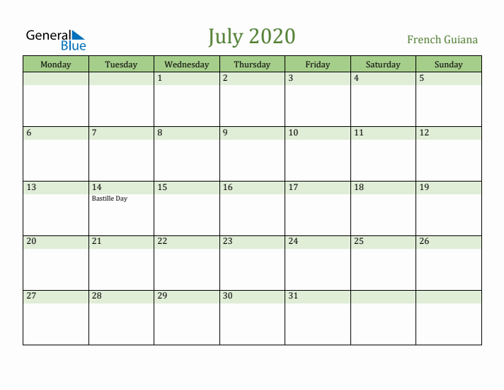 July 2020 Calendar with French Guiana Holidays