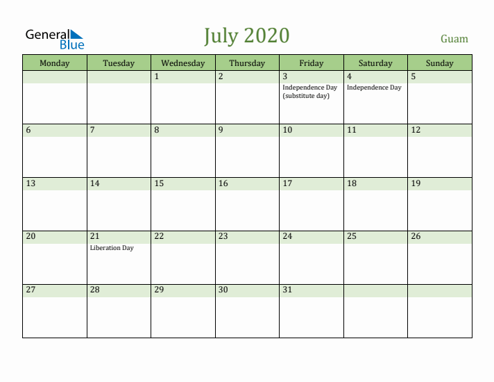 July 2020 Calendar with Guam Holidays