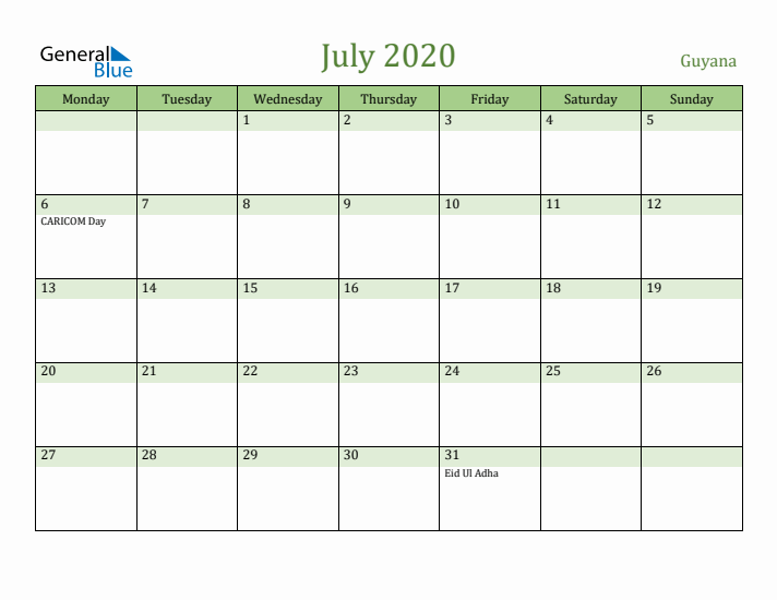 July 2020 Calendar with Guyana Holidays