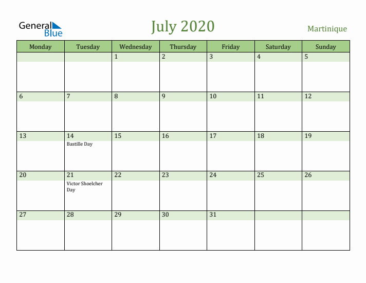 July 2020 Calendar with Martinique Holidays