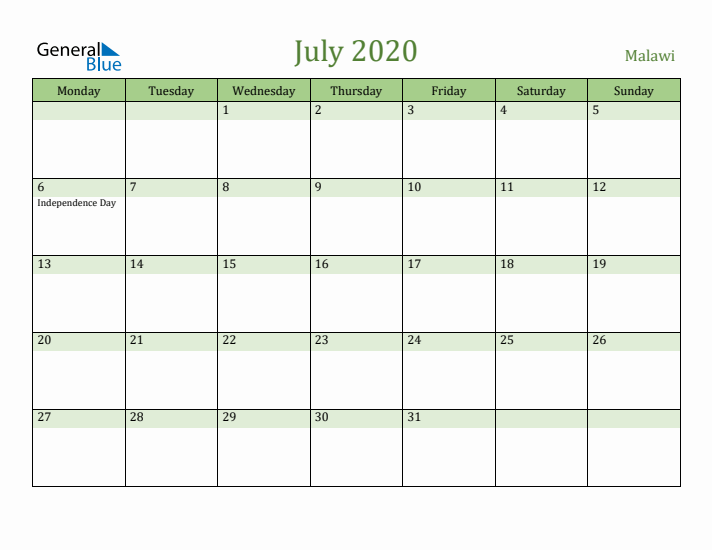 July 2020 Calendar with Malawi Holidays
