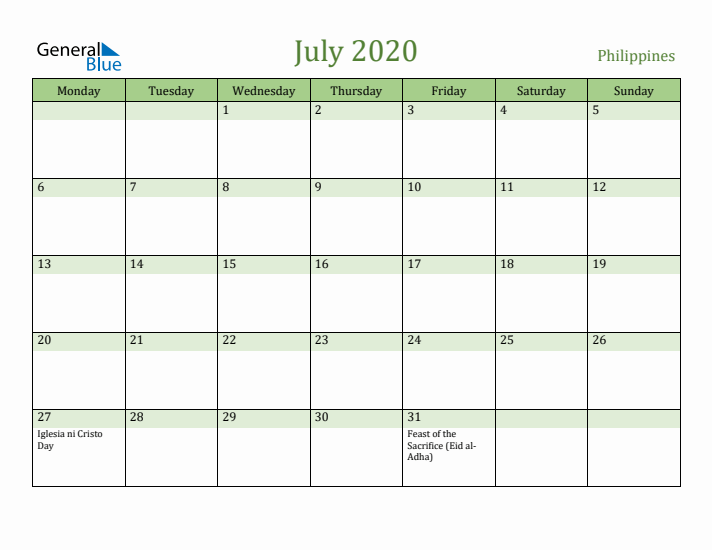 July 2020 Calendar with Philippines Holidays