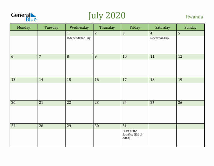 July 2020 Calendar with Rwanda Holidays