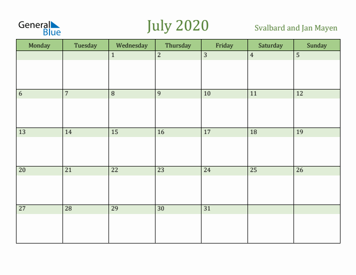 July 2020 Calendar with Svalbard and Jan Mayen Holidays