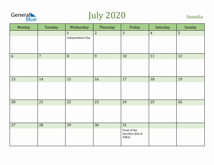 July 2020 Calendar with Somalia Holidays