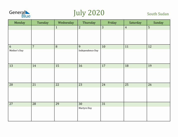 July 2020 Calendar with South Sudan Holidays
