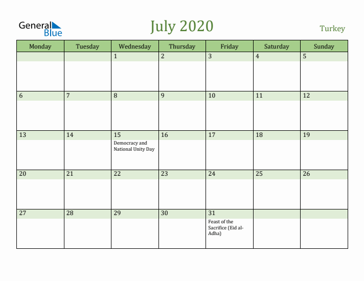 July 2020 Calendar with Turkey Holidays