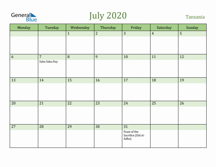 July 2020 Calendar with Tanzania Holidays