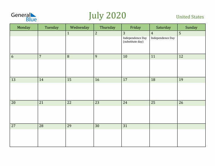 July 2020 Calendar with United States Holidays