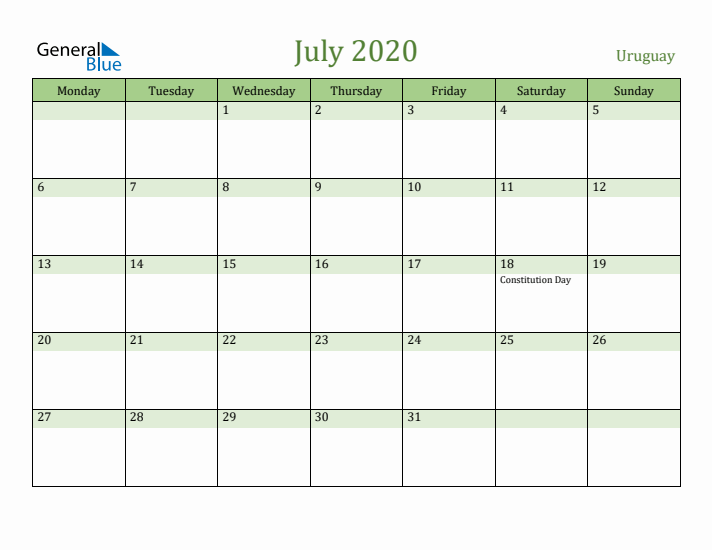July 2020 Calendar with Uruguay Holidays