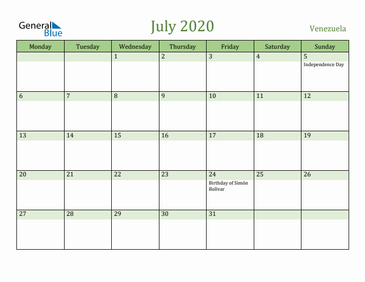 July 2020 Calendar with Venezuela Holidays