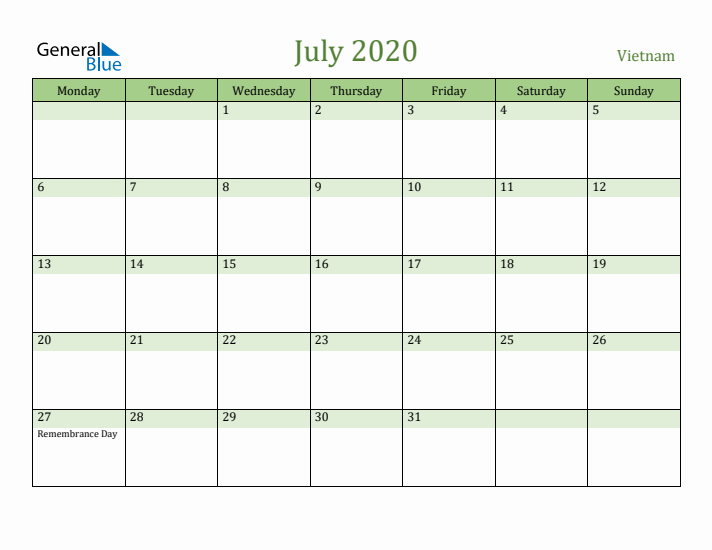 July 2020 Calendar with Vietnam Holidays