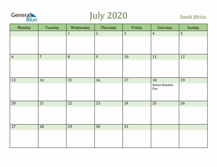 July 2020 Calendar with South Africa Holidays
