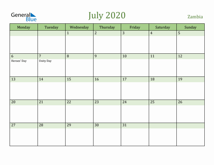 July 2020 Calendar with Zambia Holidays
