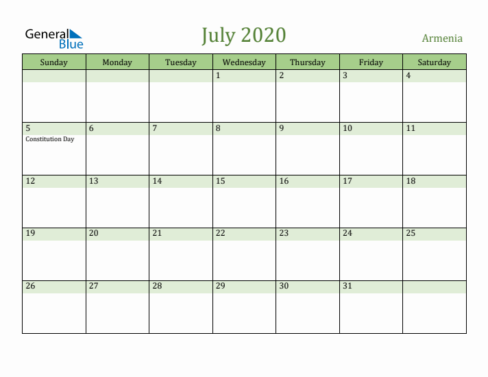 July 2020 Calendar with Armenia Holidays