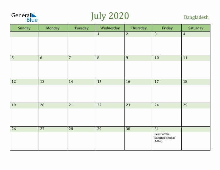July 2020 Calendar with Bangladesh Holidays