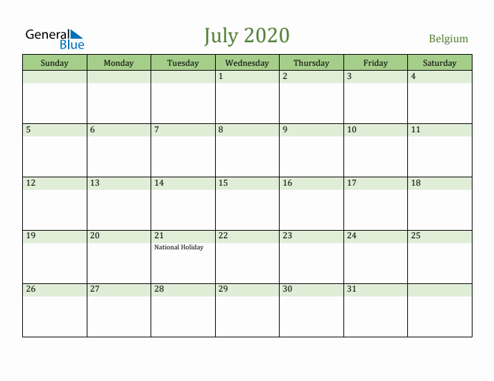 July 2020 Calendar with Belgium Holidays