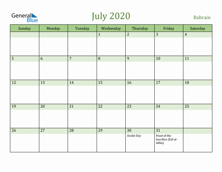 July 2020 Calendar with Bahrain Holidays