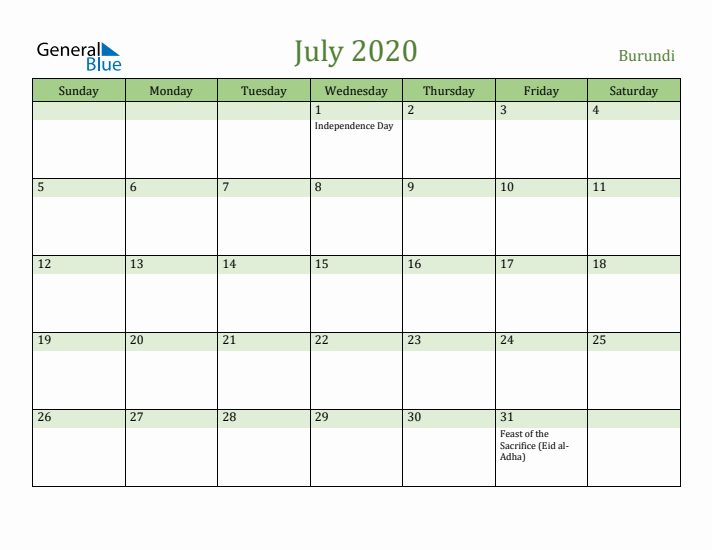 July 2020 Calendar with Burundi Holidays