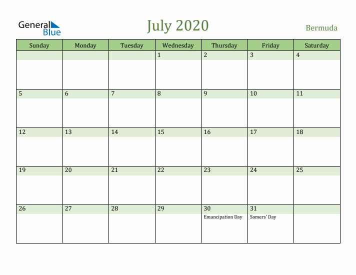 July 2020 Calendar with Bermuda Holidays