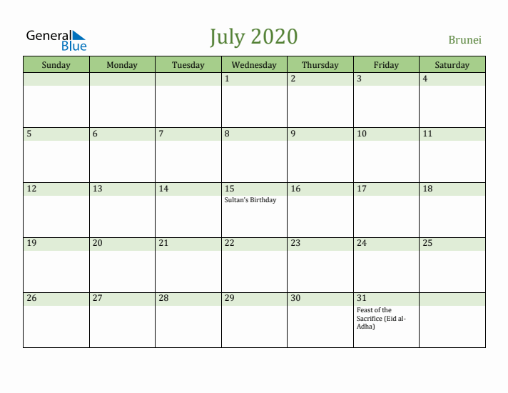 July 2020 Calendar with Brunei Holidays