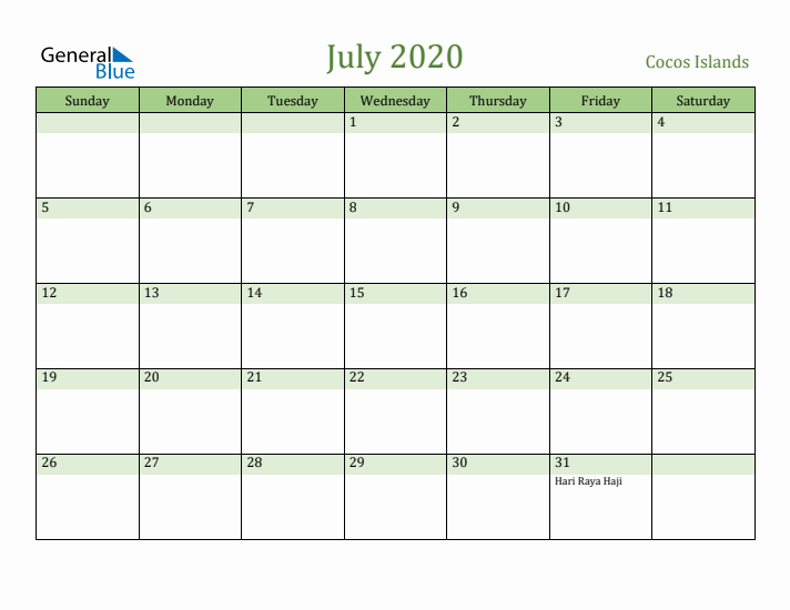 July 2020 Calendar with Cocos Islands Holidays