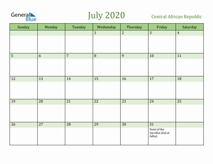 July 2020 Calendar with Central African Republic Holidays