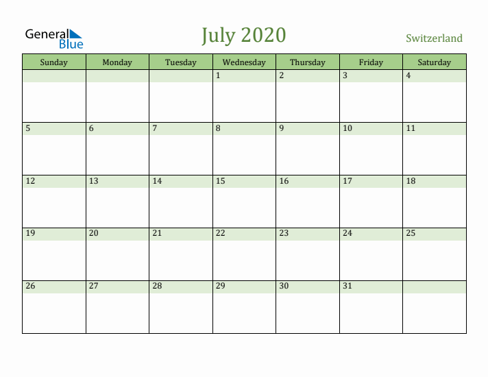 July 2020 Calendar with Switzerland Holidays