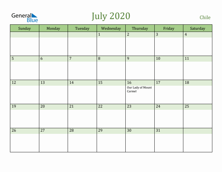 July 2020 Calendar with Chile Holidays