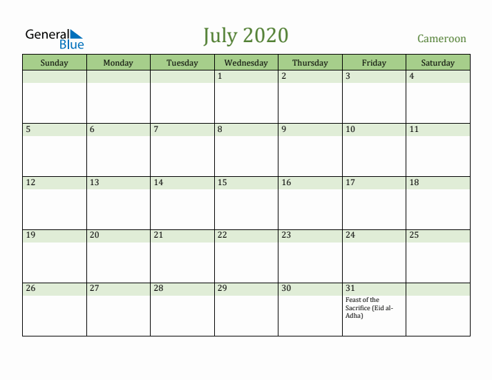 July 2020 Calendar with Cameroon Holidays