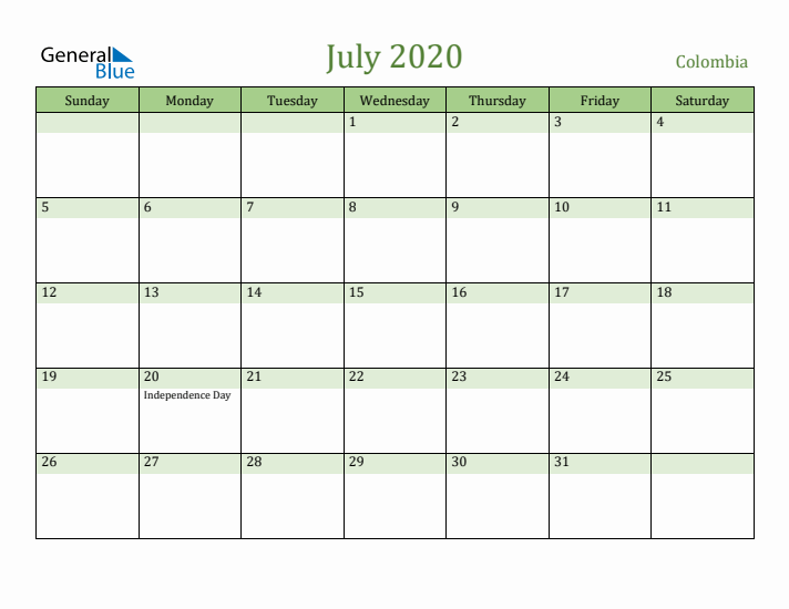 July 2020 Calendar with Colombia Holidays