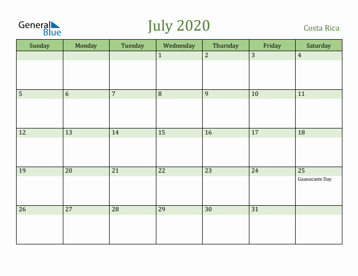 July 2020 Calendar with Costa Rica Holidays
