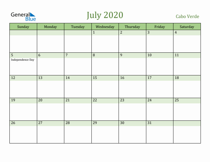 July 2020 Calendar with Cabo Verde Holidays