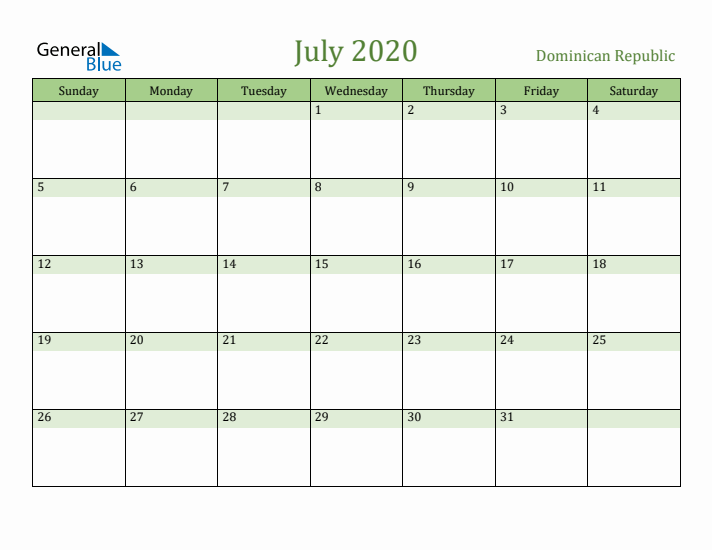 July 2020 Calendar with Dominican Republic Holidays