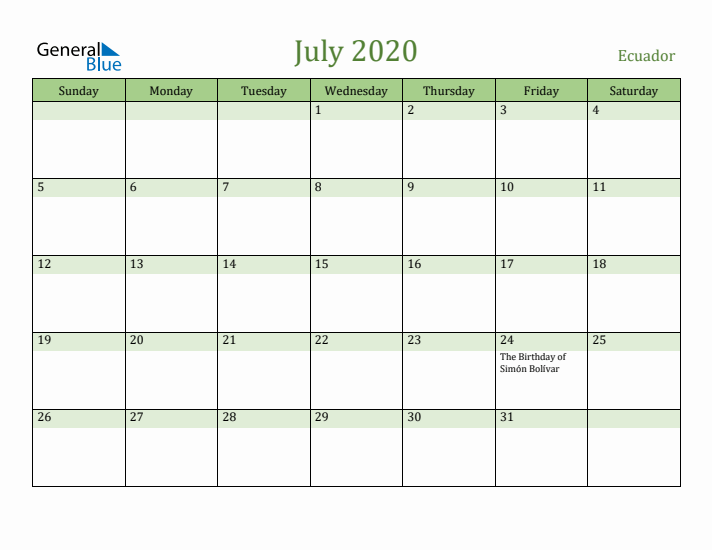 July 2020 Calendar with Ecuador Holidays