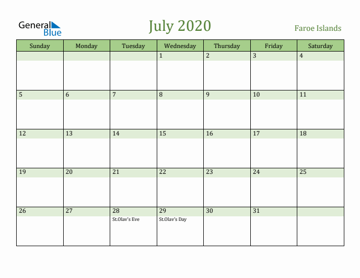 July 2020 Calendar with Faroe Islands Holidays