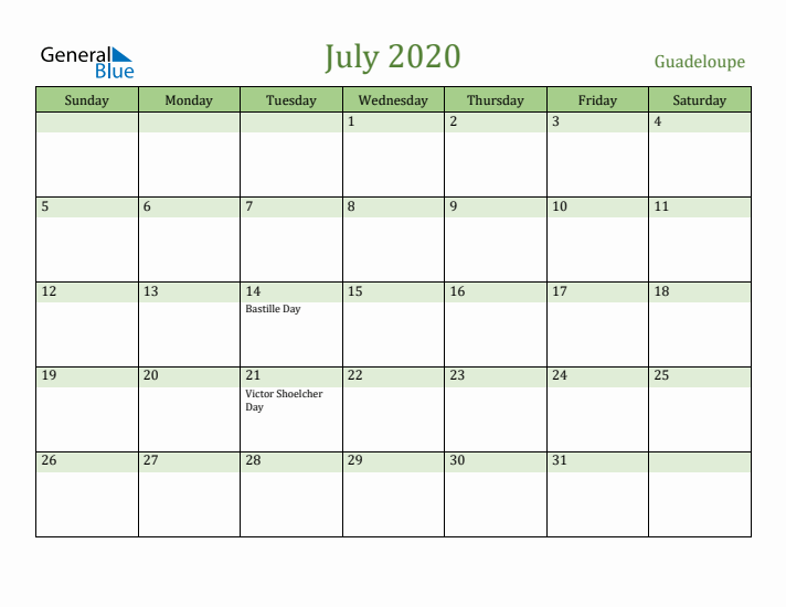July 2020 Calendar with Guadeloupe Holidays