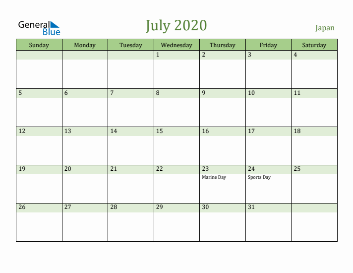 July 2020 Calendar with Japan Holidays