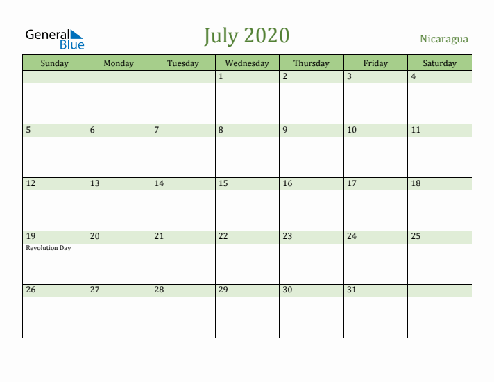 July 2020 Calendar with Nicaragua Holidays