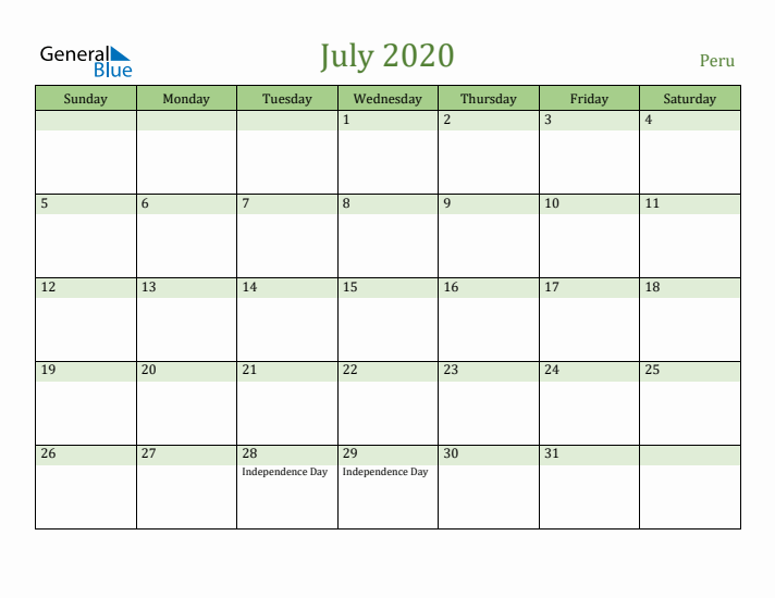 July 2020 Calendar with Peru Holidays