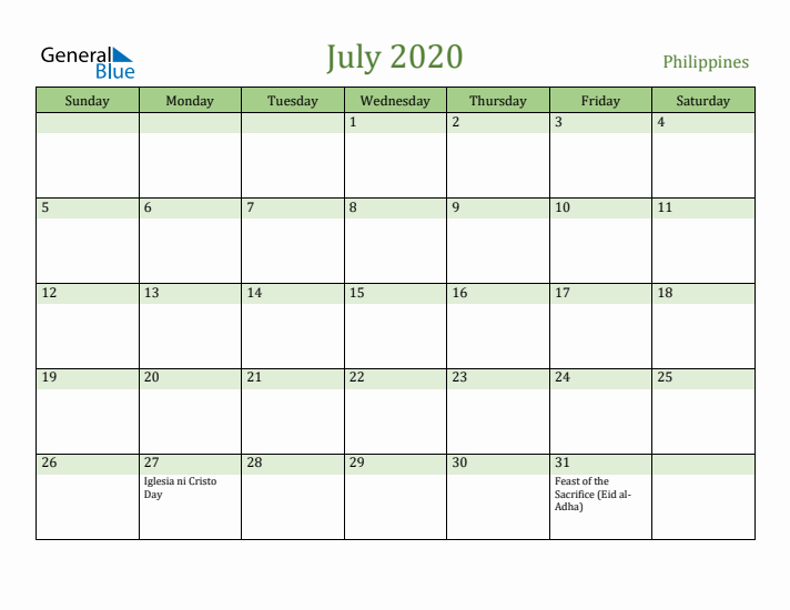 July 2020 Calendar with Philippines Holidays