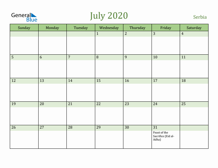July 2020 Calendar with Serbia Holidays