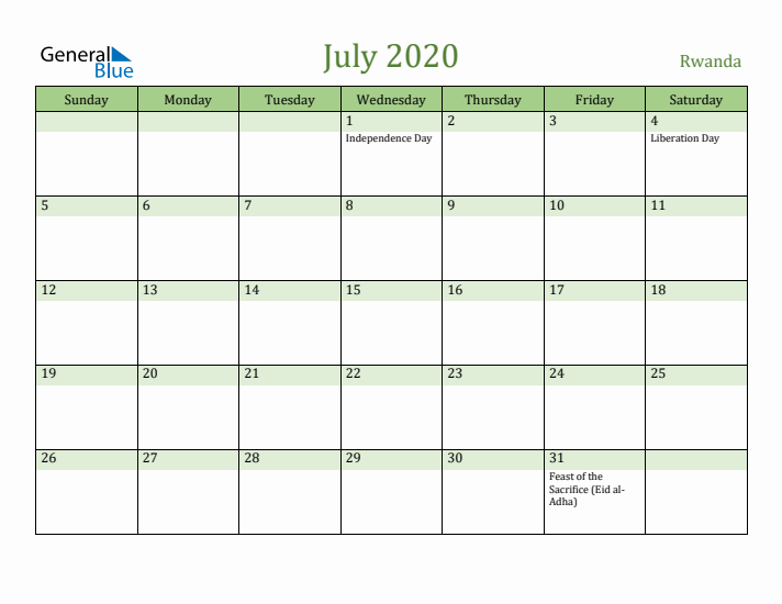 July 2020 Calendar with Rwanda Holidays