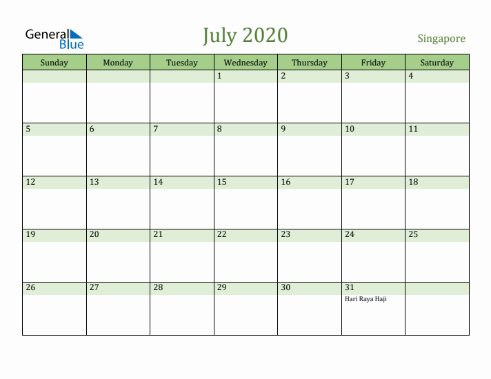 July 2020 Calendar with Singapore Holidays