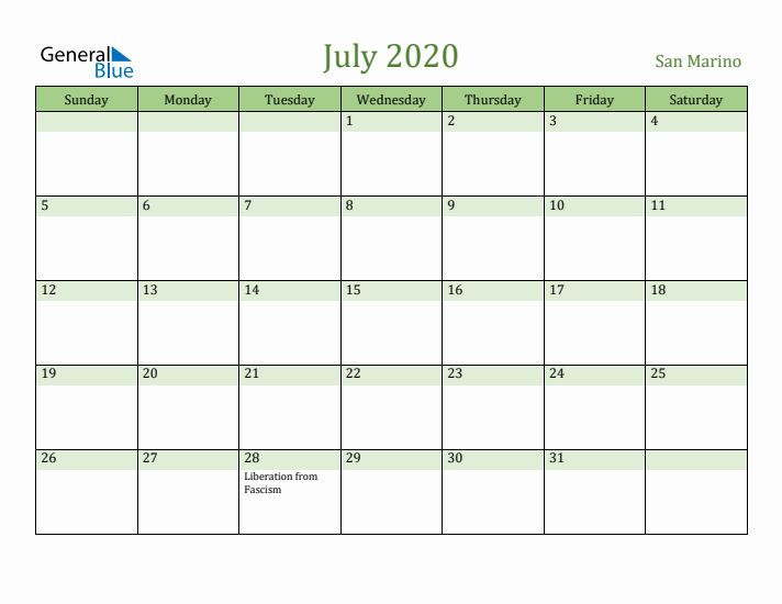 July 2020 Calendar with San Marino Holidays