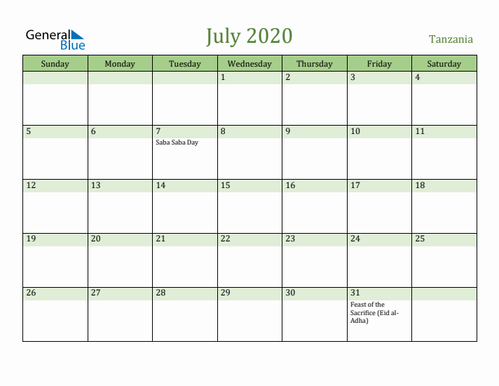 July 2020 Calendar with Tanzania Holidays