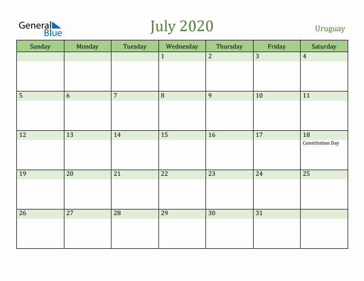 July 2020 Calendar with Uruguay Holidays